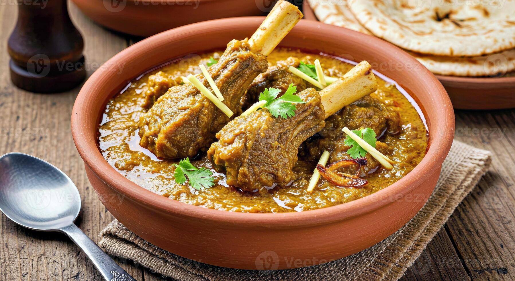 A bowl of food with meat and bread on a table photo