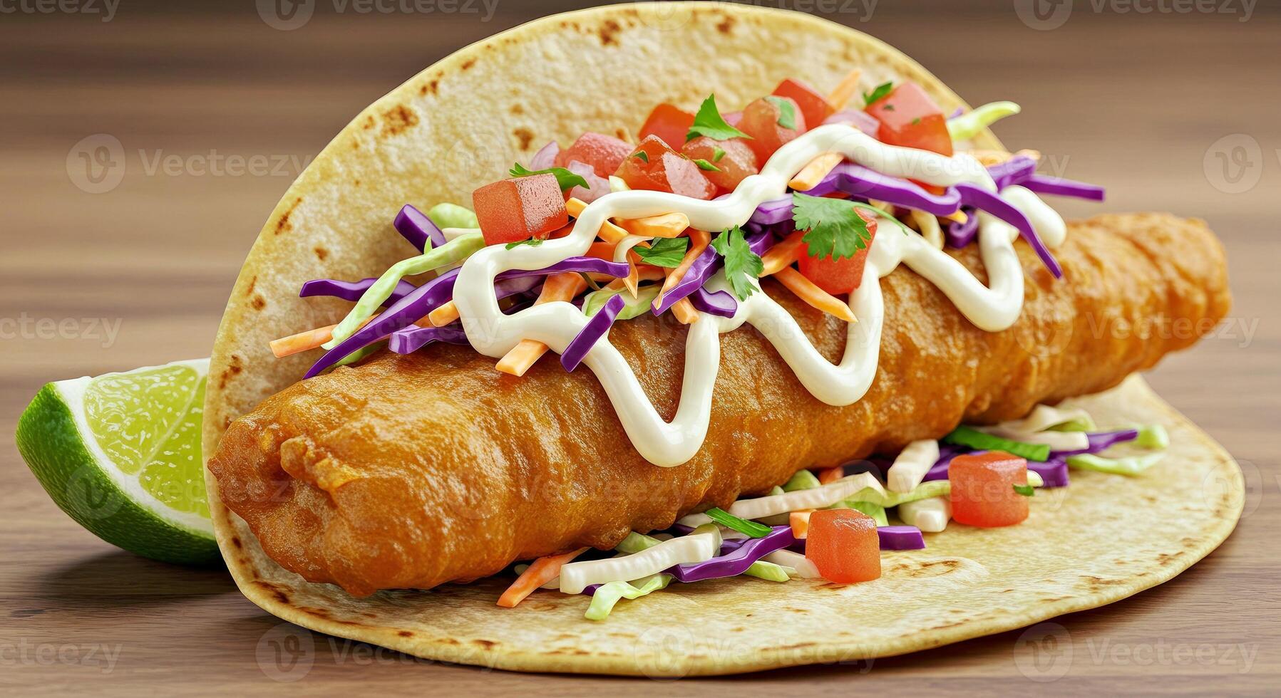 Fish taco with a lime wedge on top photo