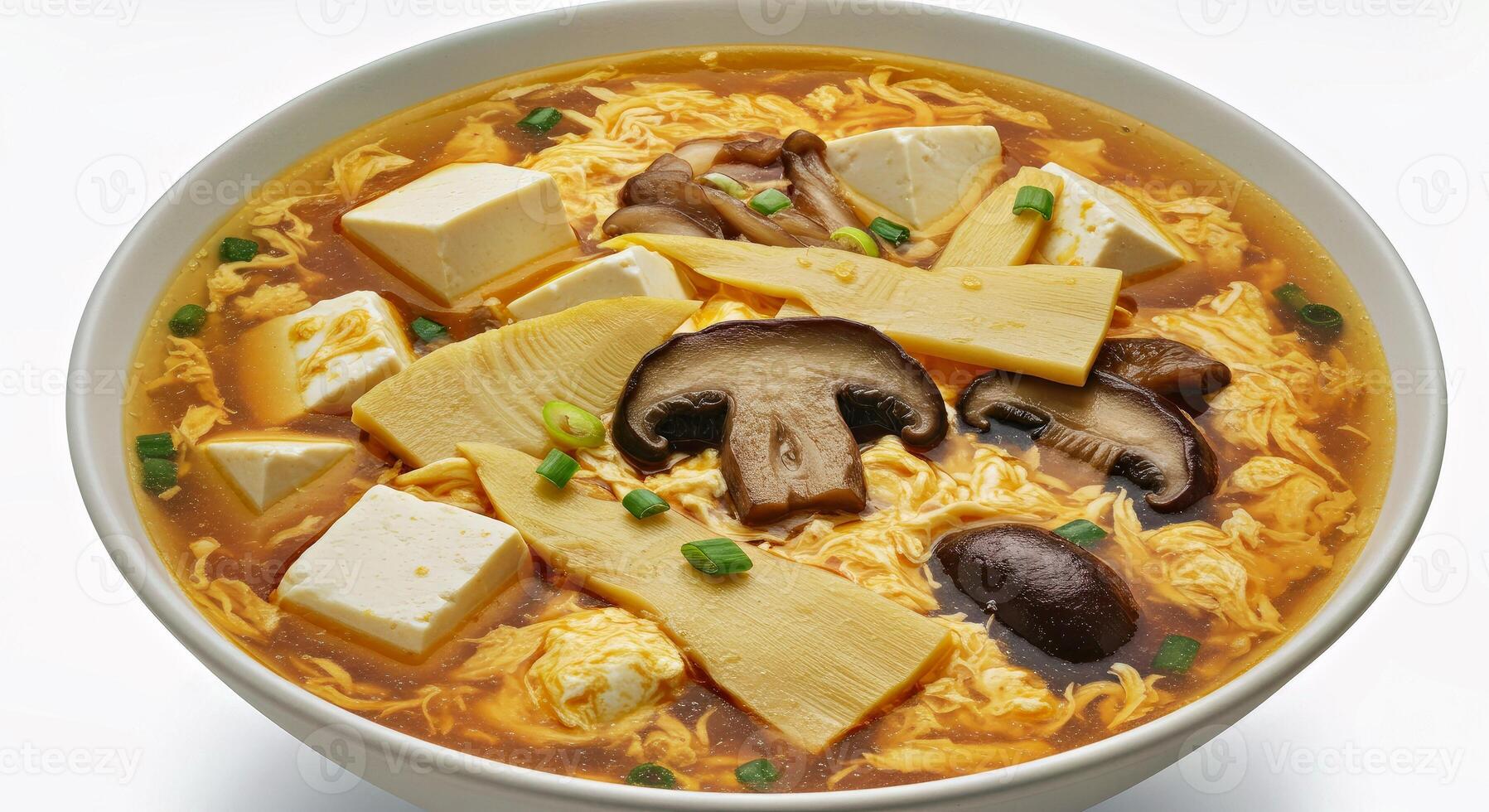 A bowl of soup with mushrooms, tofu and mushrooms photo