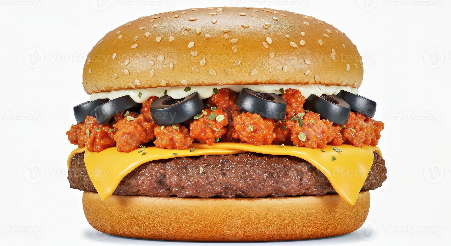 A large hamburger with cheese and black olives photo