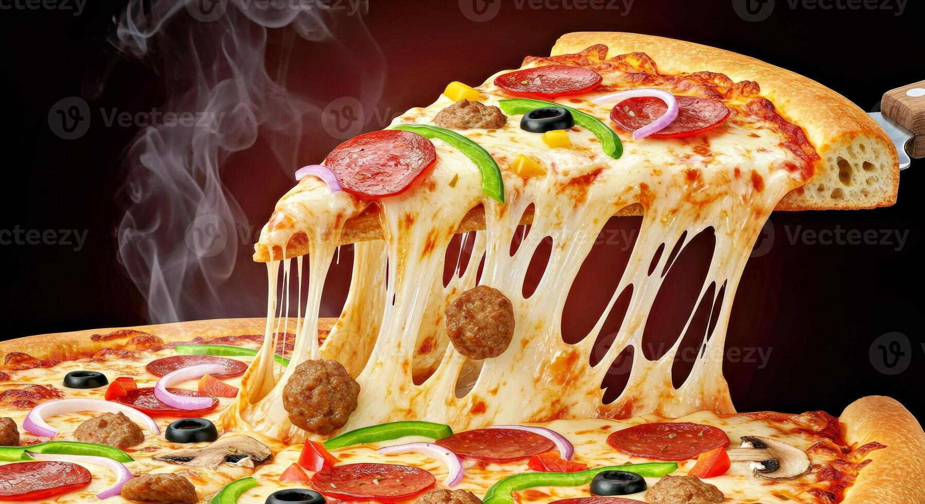 A slice of pizza being lifted from a pizza photo