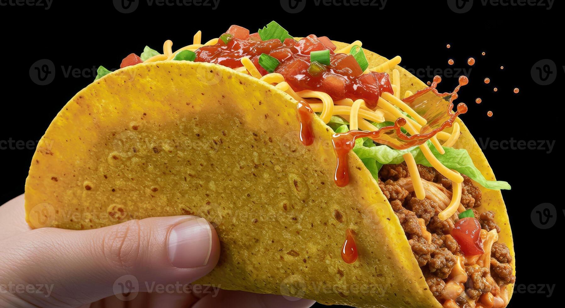 A hand holding a taco with a lot of toppings photo