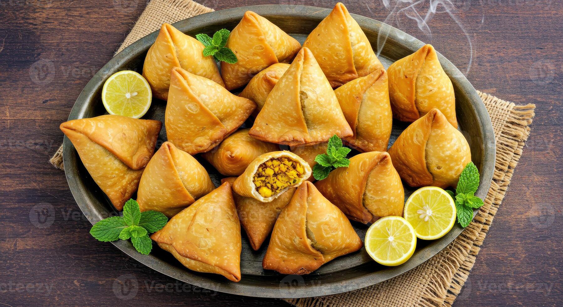 A plate of samosas with lemon slices and mint photo