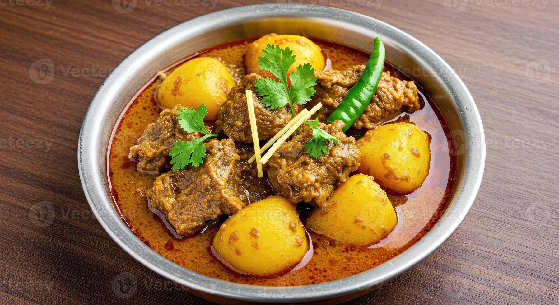 A bowl of curry with potatoes and meat in it photo