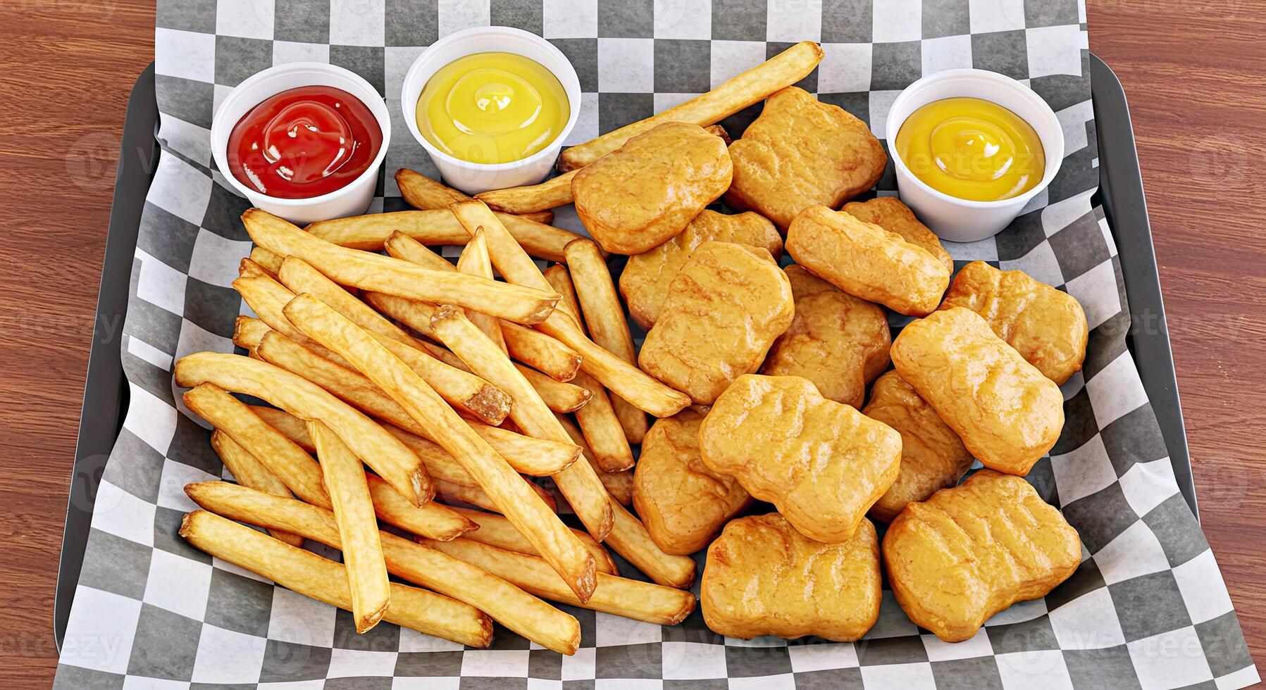 A tray of fries and chicken nuggets photo