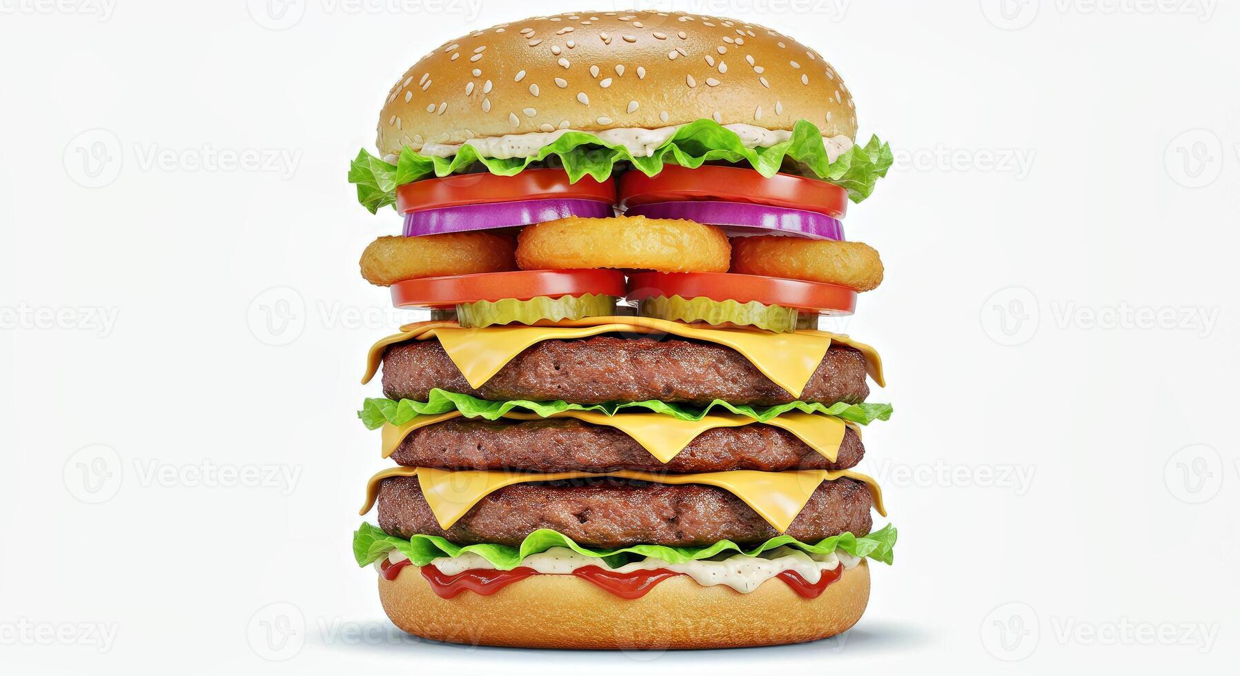 A large hamburger with lots of different toppings photo
