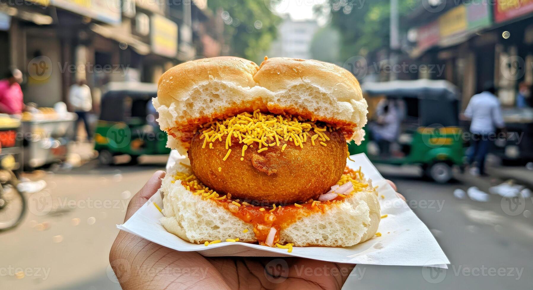 A person holding a bun with a meatball inside photo