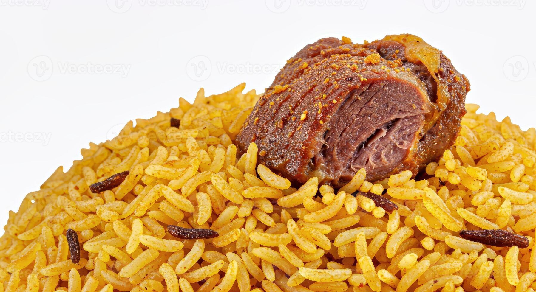 A plate of rice with meat and raisins photo