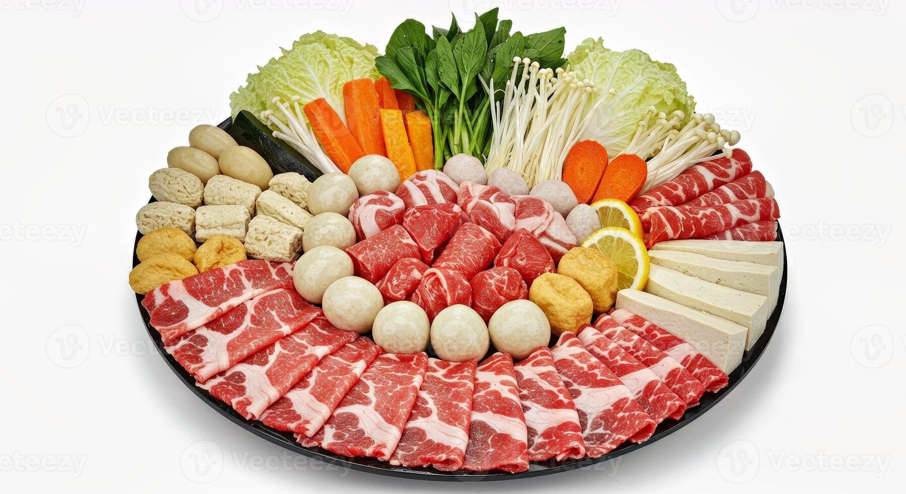 A platter of meat and vegetables arranged on a white surface photo