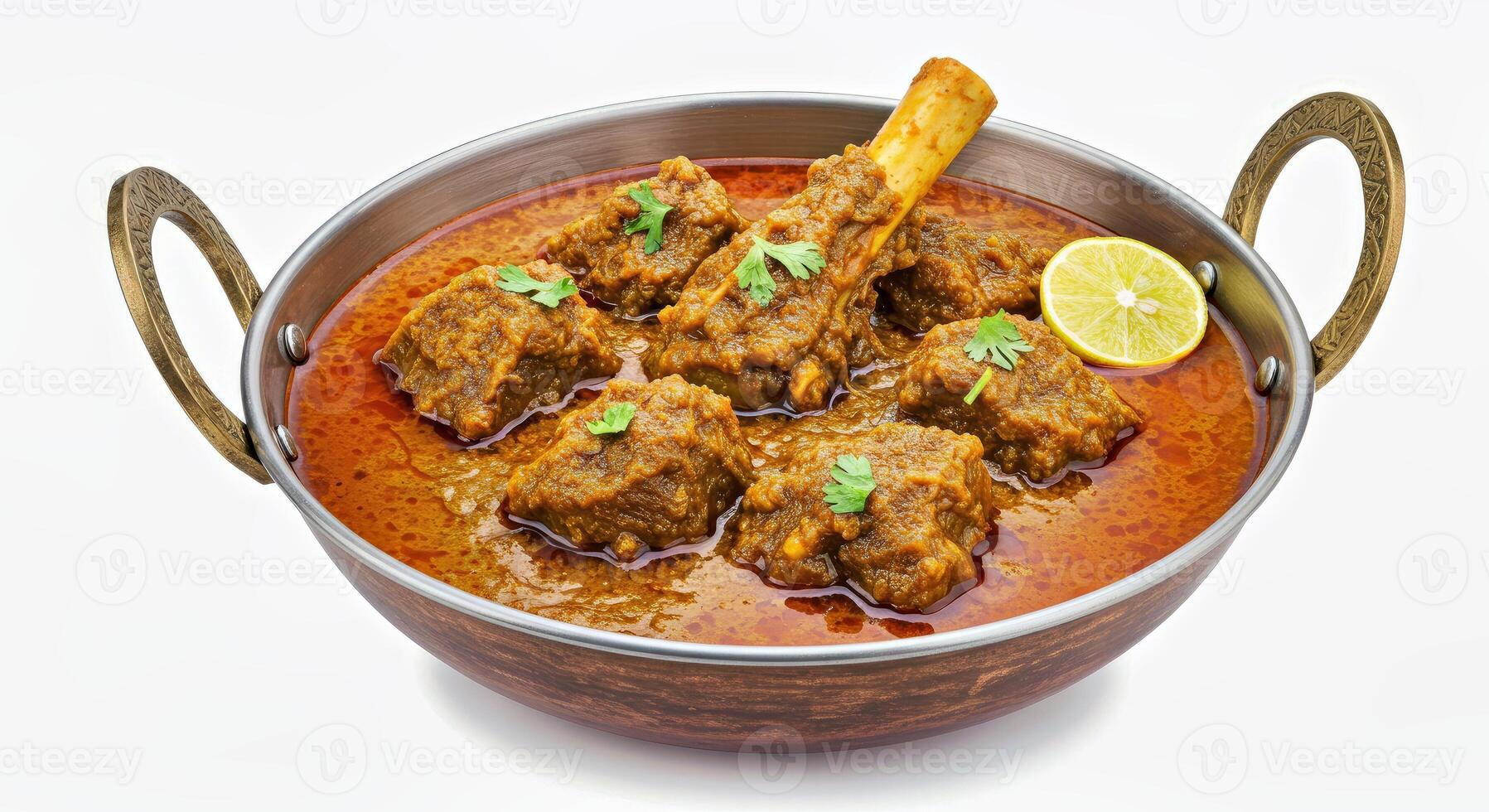 A bowl of meat and curry with a lemon wedge photo