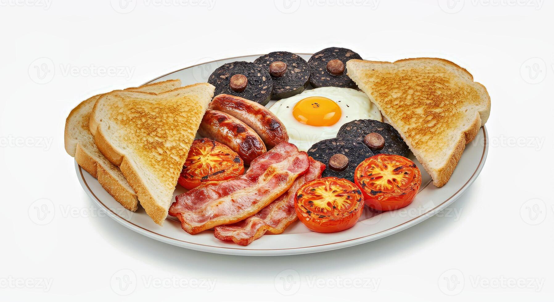 A plate of food with toast, eggs, sausage, tomatoes and bacon photo