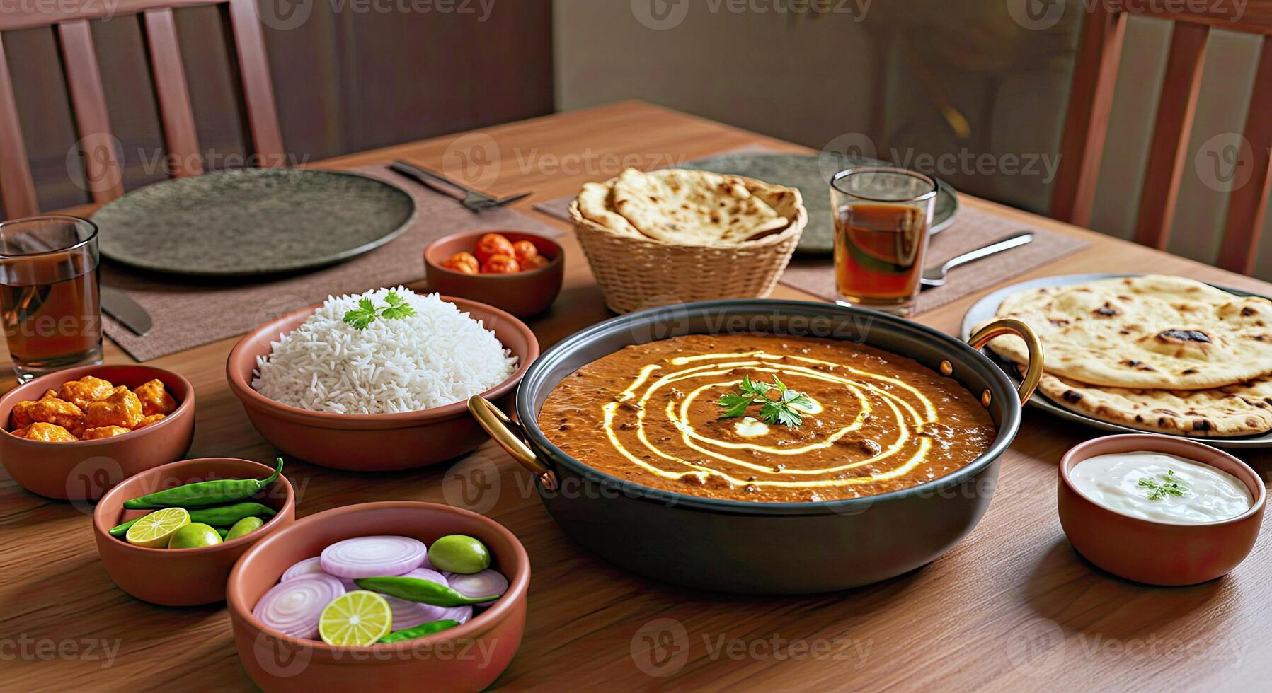 A table with bowls of food and plates of food photo