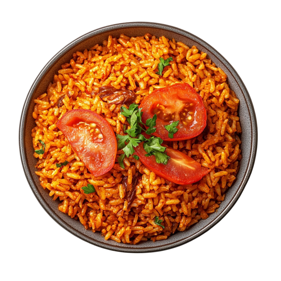 A bowl of vibrant orange Jollify rice, garnished with slices of tomato png