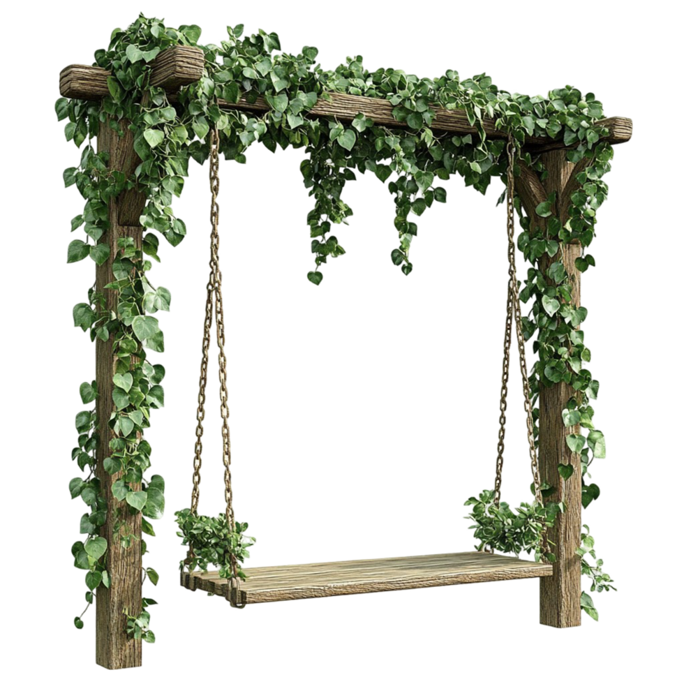A charming wooden swing set adorned with lush greenery, perfect for a cozy outdoor space, png
