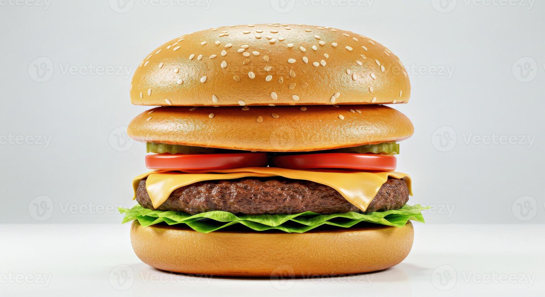 A large hamburger with cheese, tomatoes and lettuce photo