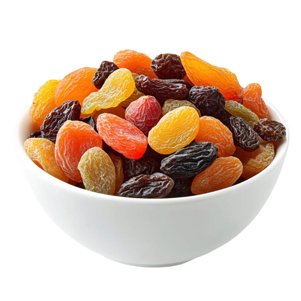 A bowl filled with a colorful mix of dried fruits like apricots, raisins, and figs, png