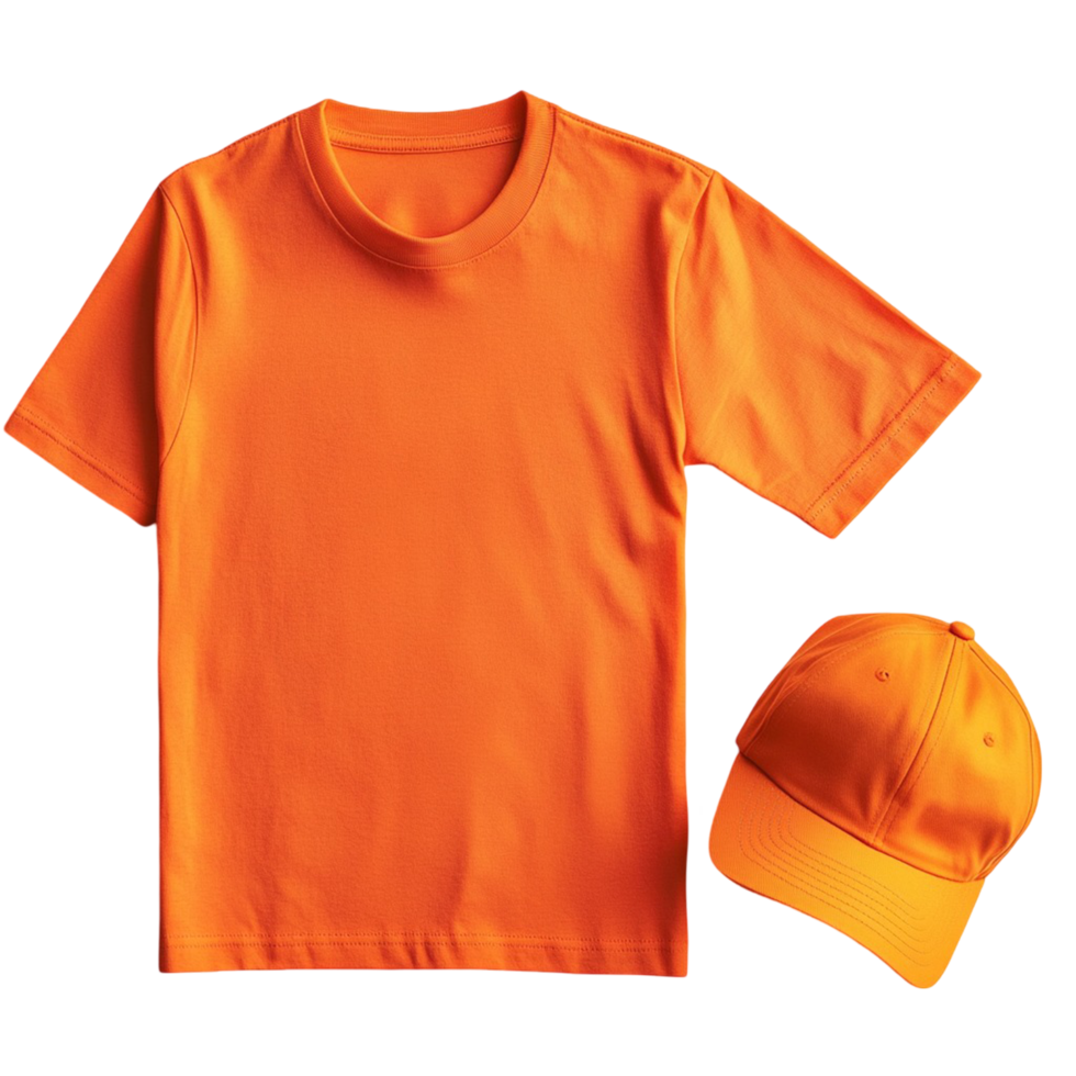 A bright orange T-shirt and matching orange cap laid flat , showcasing the vibrant color of the clothing png