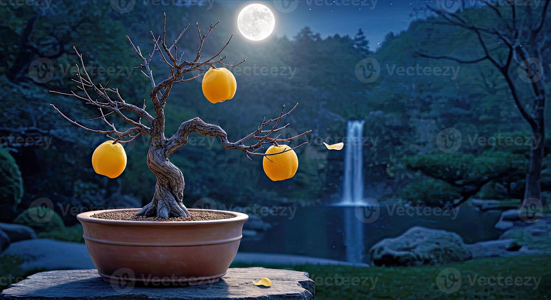 A potted tree with oranges on it in front of a waterfall photo