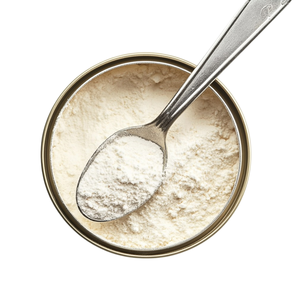 A can of collagen powder with a spoon resting on top. png