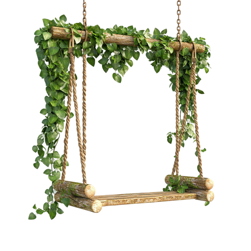 A charming wooden swing set adorned with lush greenery, perfect for a cozy outdoor space. png