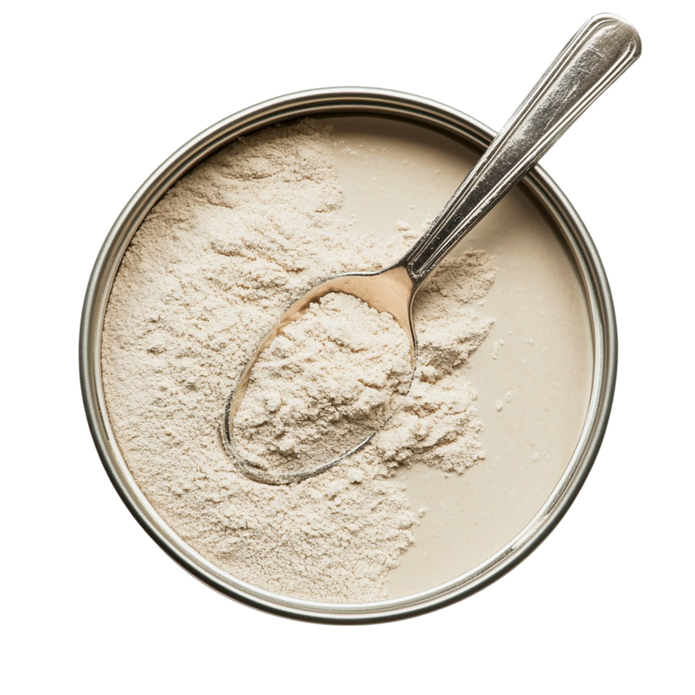 A can of collagen powder with a spoon resting on top png