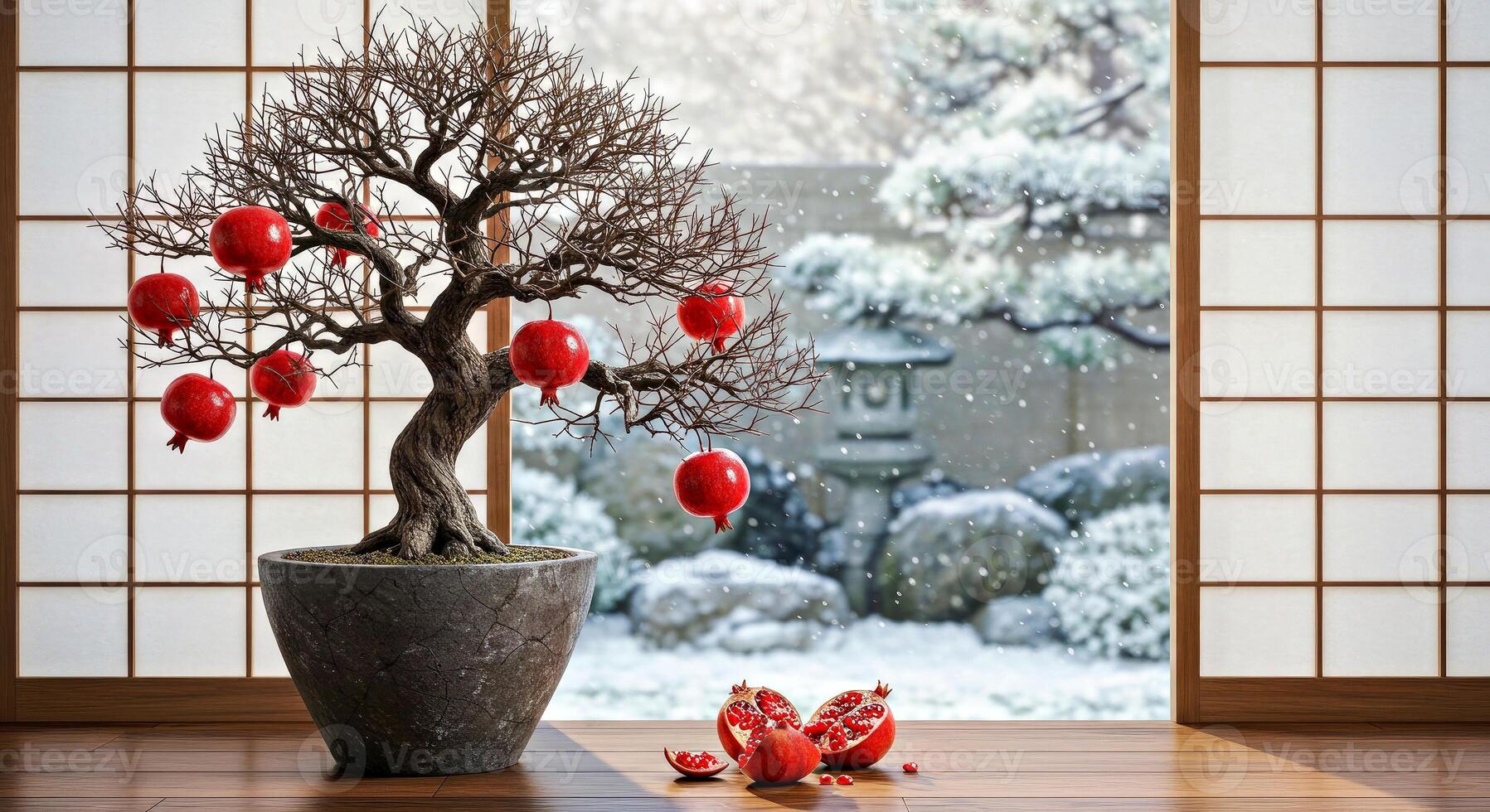 A bonsai tree in a pot with red balls photo