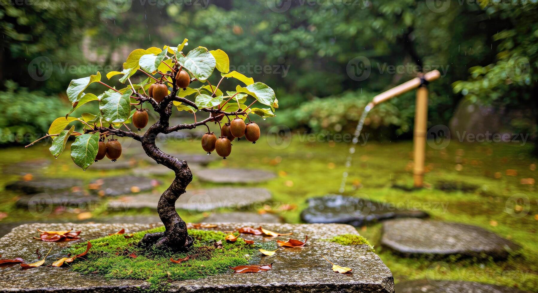 A bonsai tree in a garden with a fountain photo