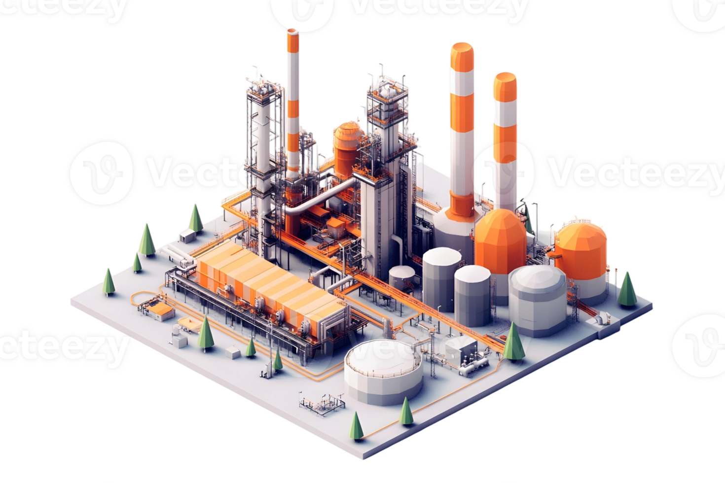 Isometric View of a Modern Petroleum Refinery Complex with Industrial Structures and Pipelines png