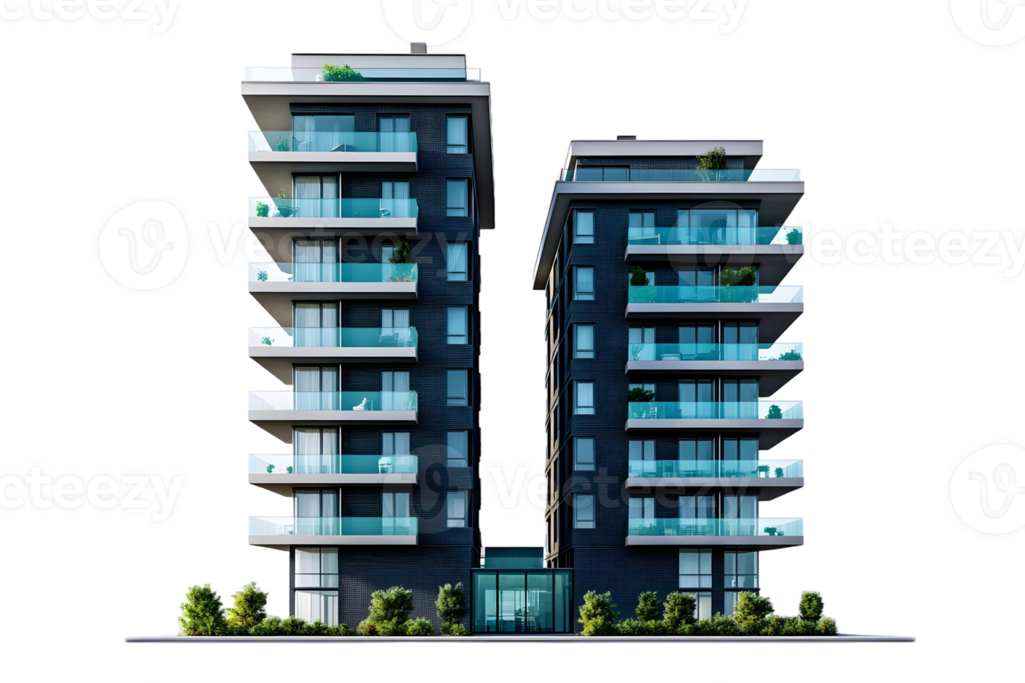Modern Luxury Apartment Buildings with Glass Balconies and Lush Greenery png