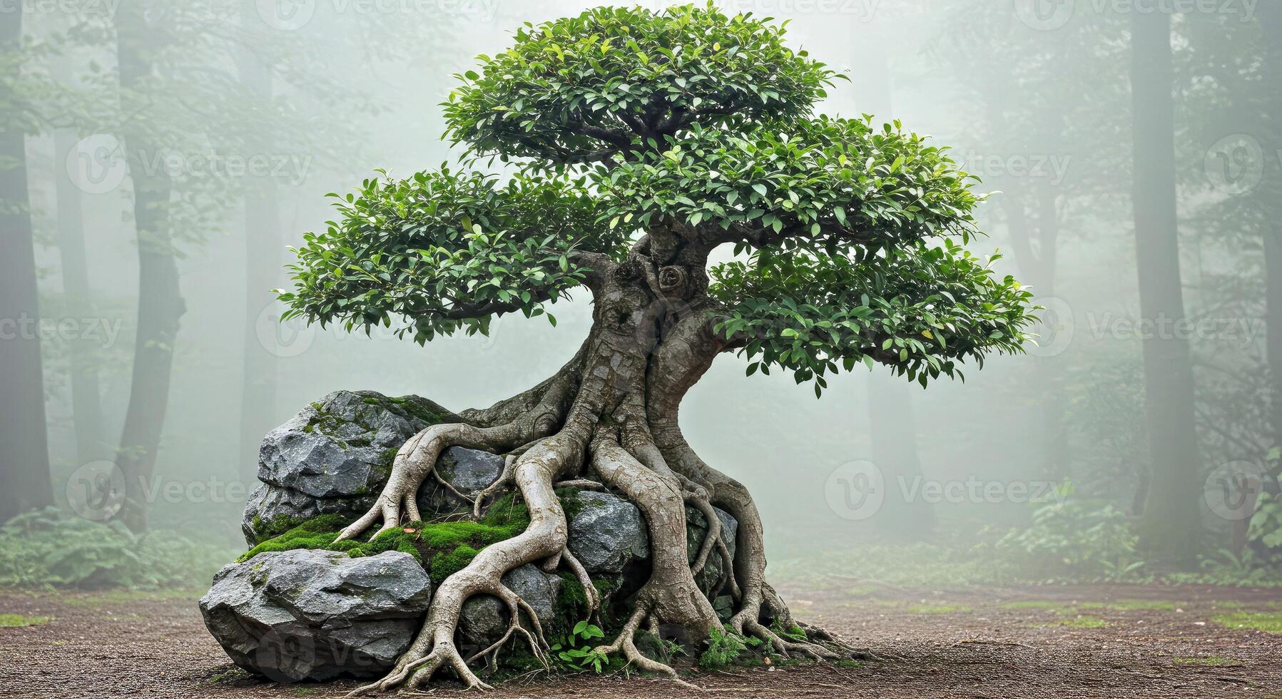 Bonsai tree on rock in the misty forest photo