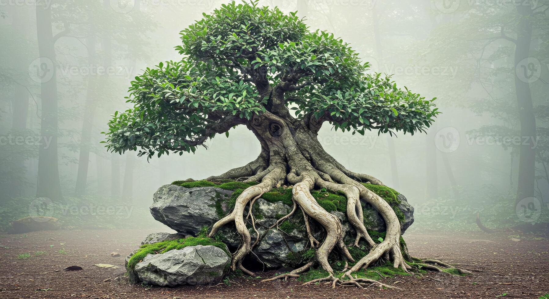 A bonsai tree with roots growing on top of a rock photo