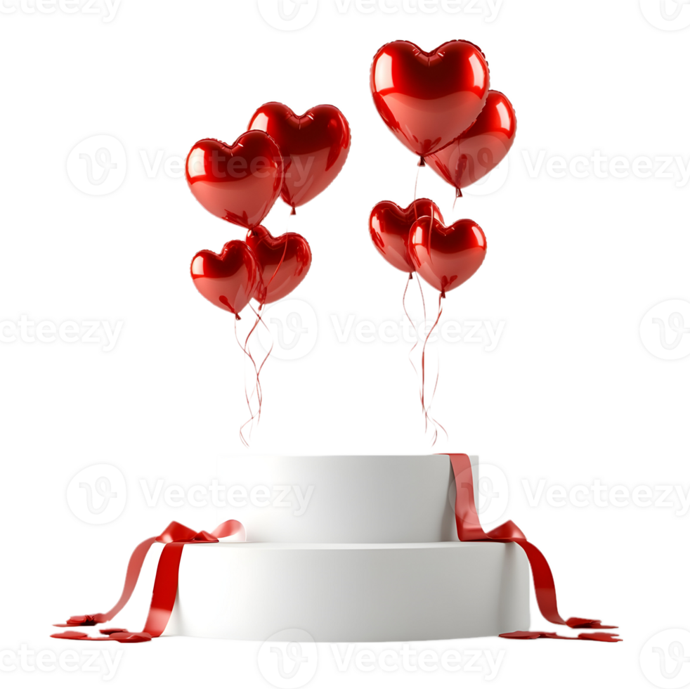 Lovely Red Heart Balloons Floating Above a Two Tiered White Cake Stand with Red Ribbon png