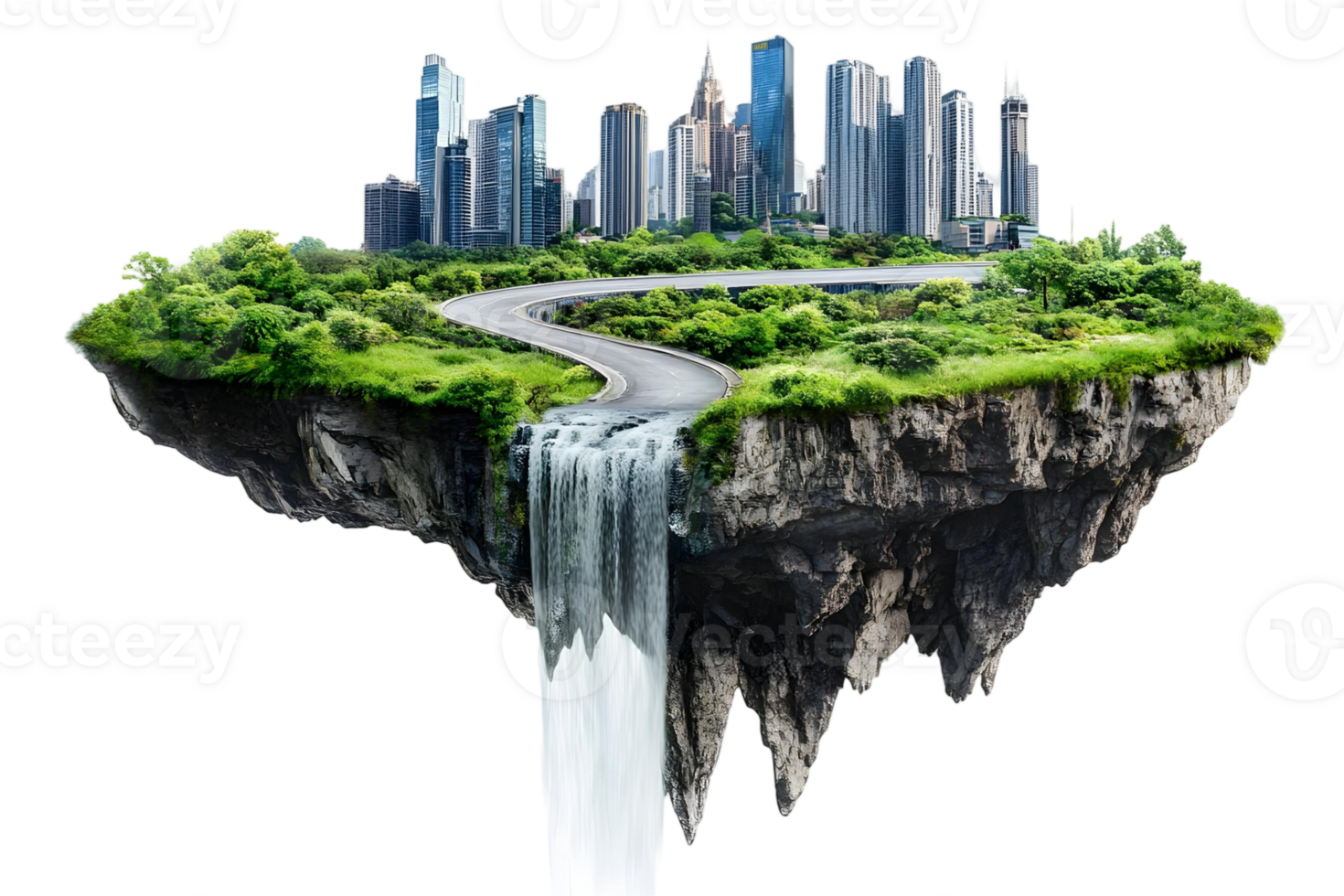 Floating Island Cityscape with Waterfall and Winding Road a Stunning Aerial View of an EcoFriendly Urban Paradise png