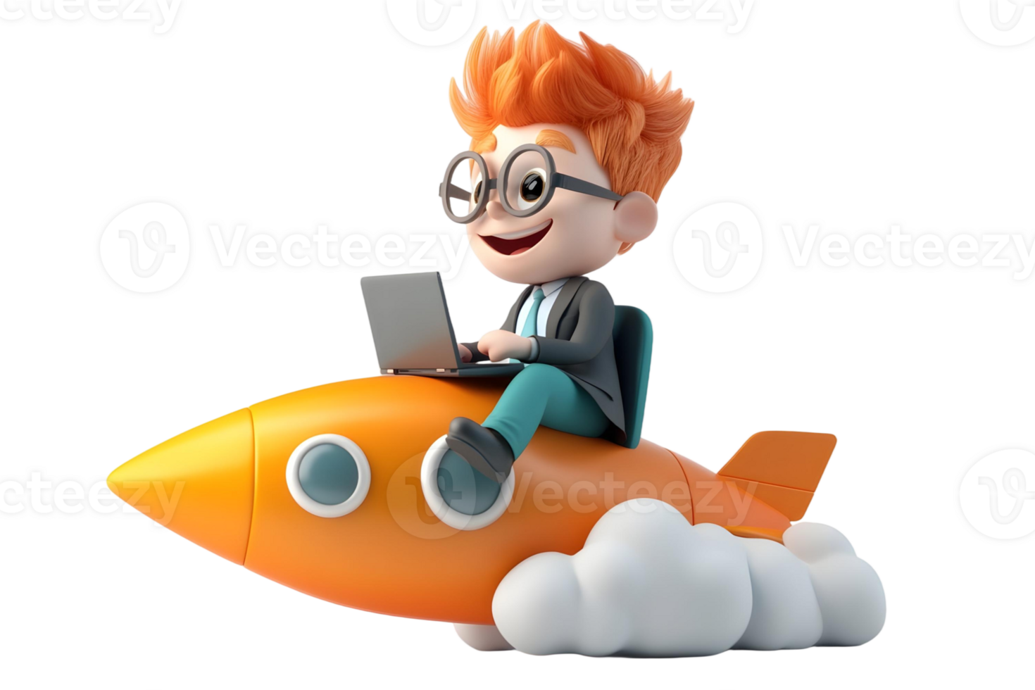 Happy Cartoon Boy on Rocket Ship with Laptop Computer Flying Through Clouds png