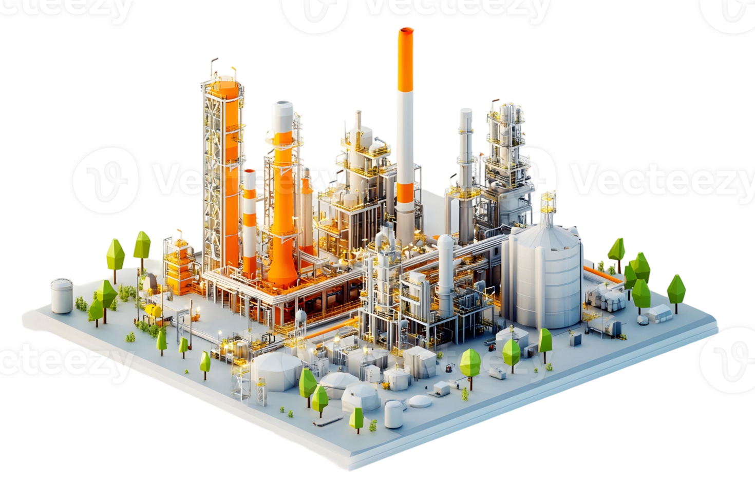 Isometric View of a Modern Oil Refinery Complex with Surrounding Greenery png