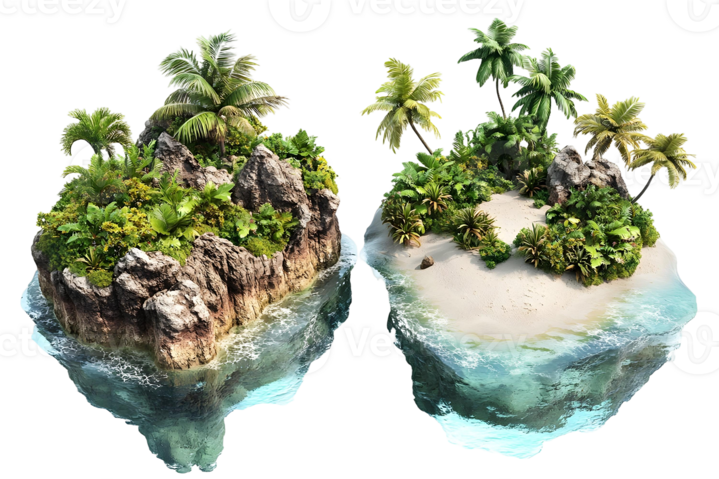 Two Stunning Tropical Islands with Lush Vegetation and Pristine Beaches in a 3D Render png