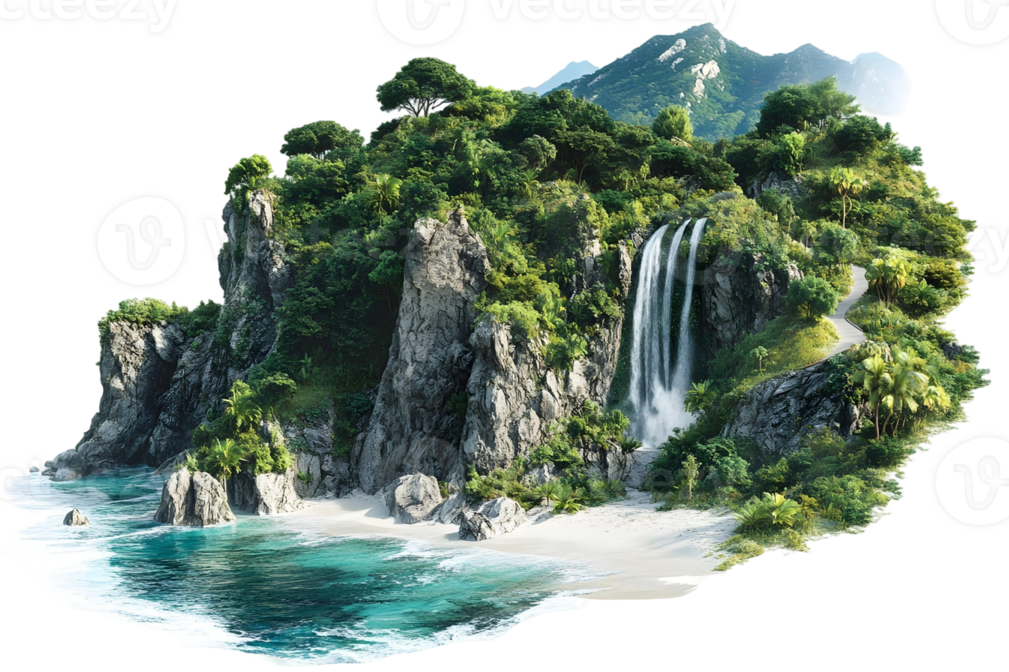 Lush Tropical Island Paradise with Waterfall and Secluded Beach png