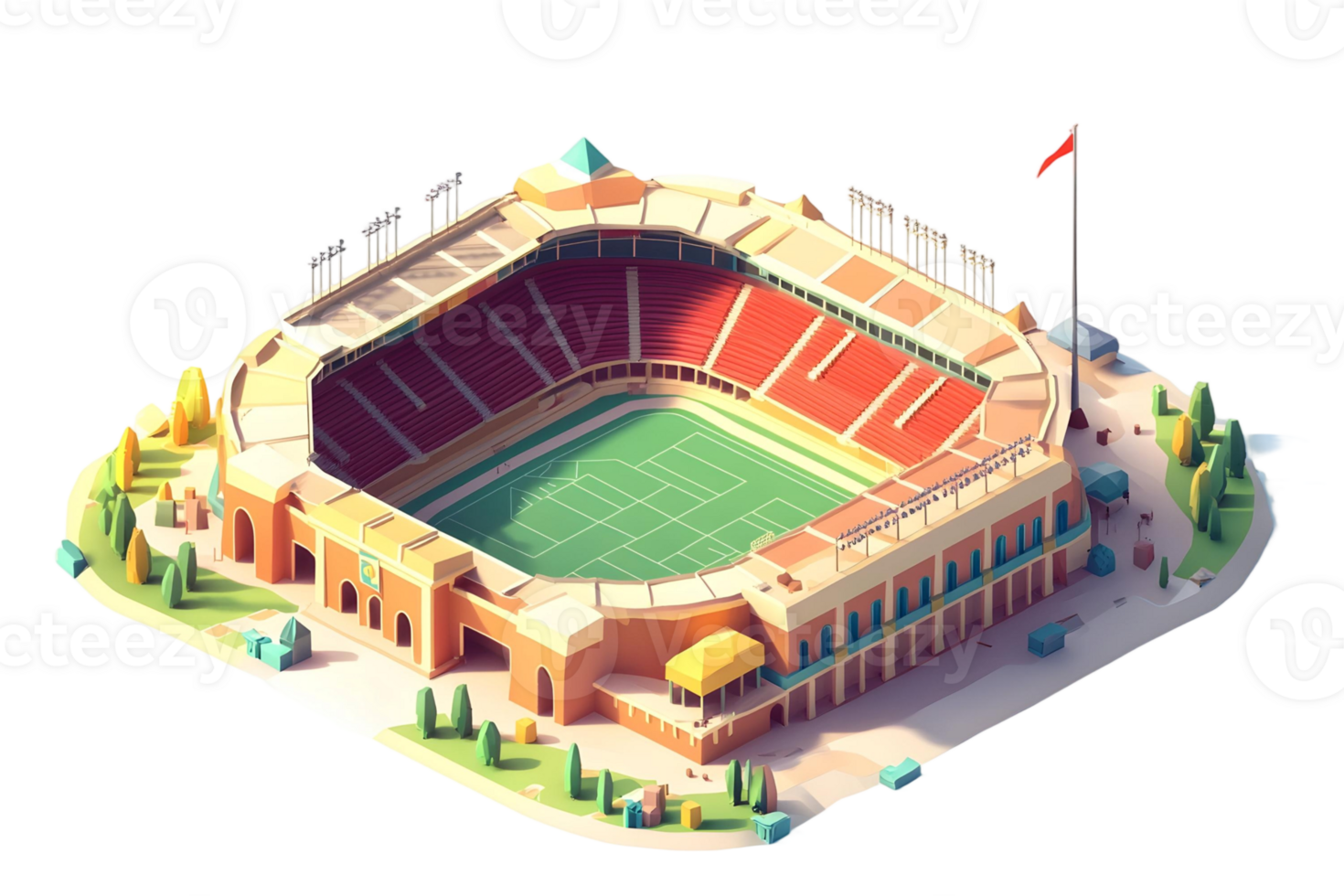 Low Polygonal Model of a Classic Stadium with Green Field and Red Seats Surrounded by Trees and Parking png