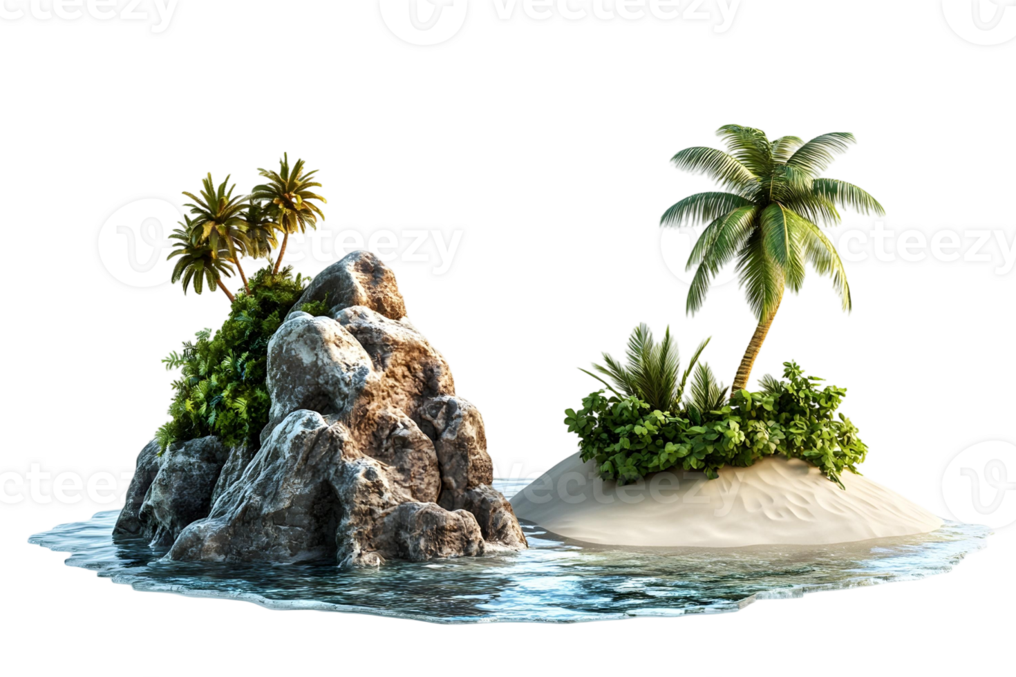 Stunning 3D Render of Tropical Island Paradise with Lush Vegetation and Rocky Shores png