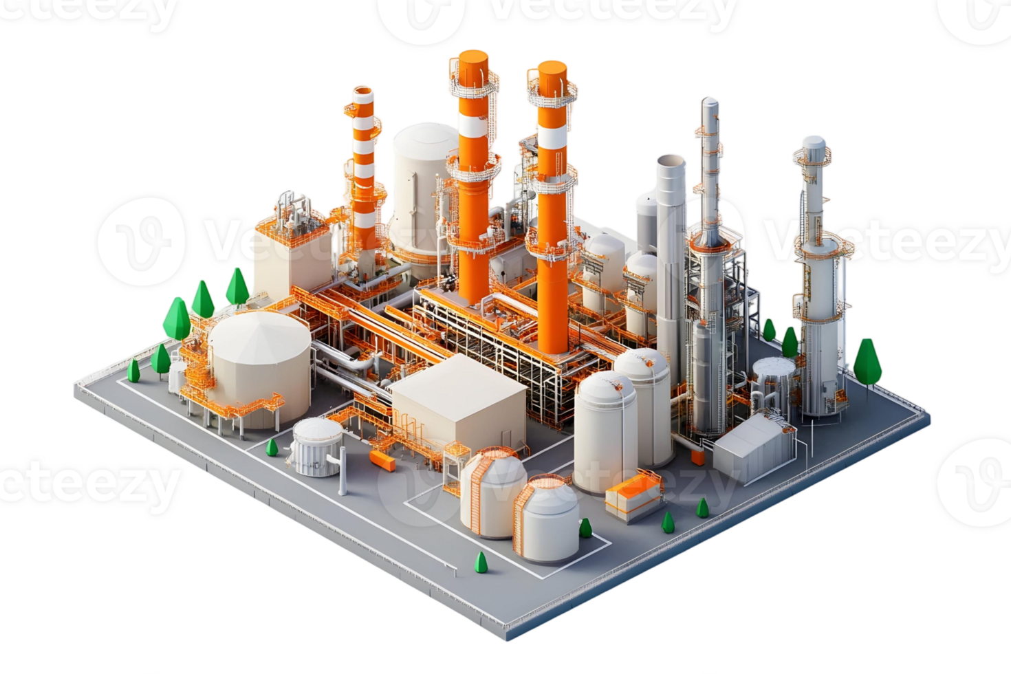 Isometric View of a Modern Industrial Refinery Complex with Tall Stacks and Storage Tanks png