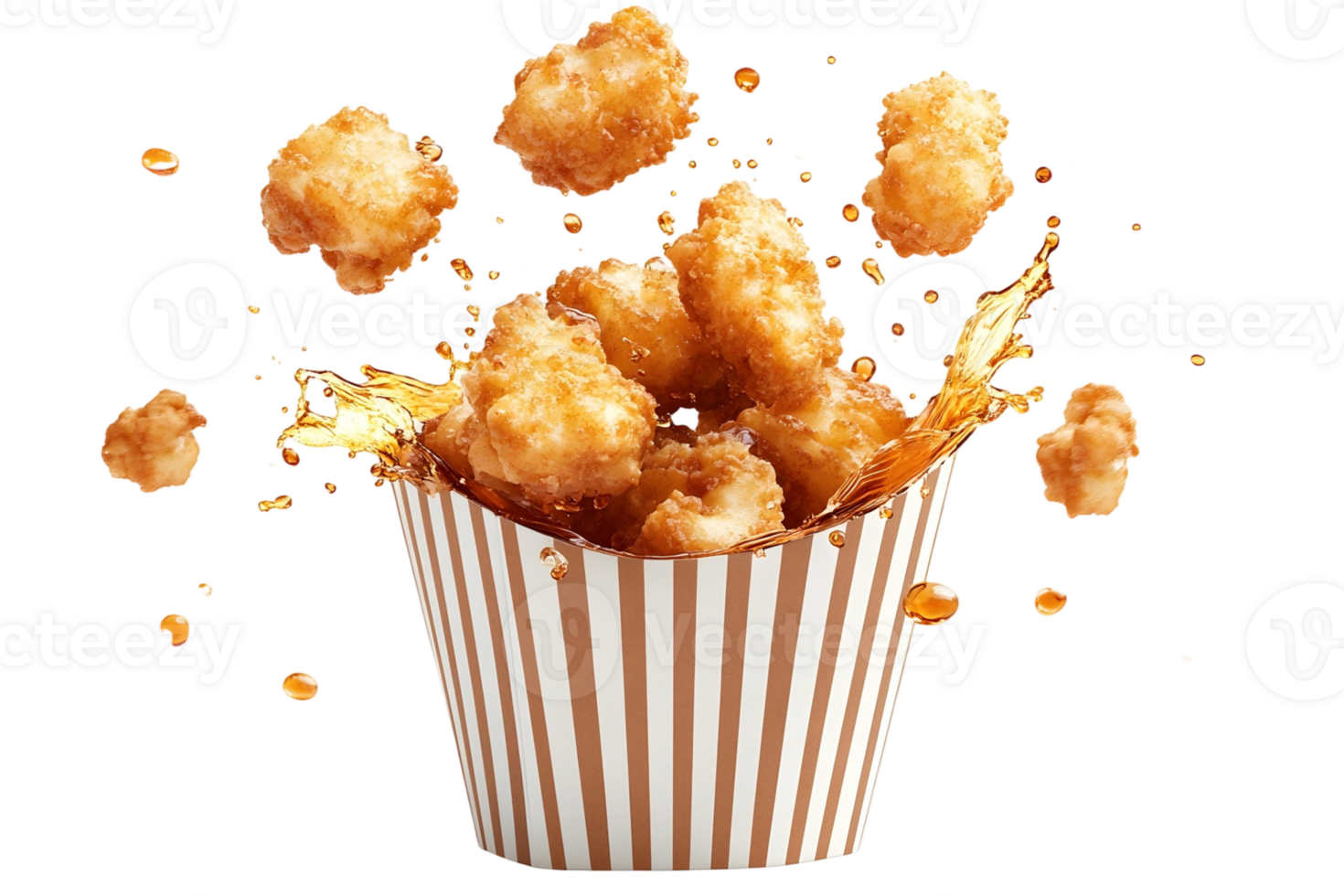 Delicious Crispy Fried Chicken Nuggets in Striped Container with Splashing Sauce png