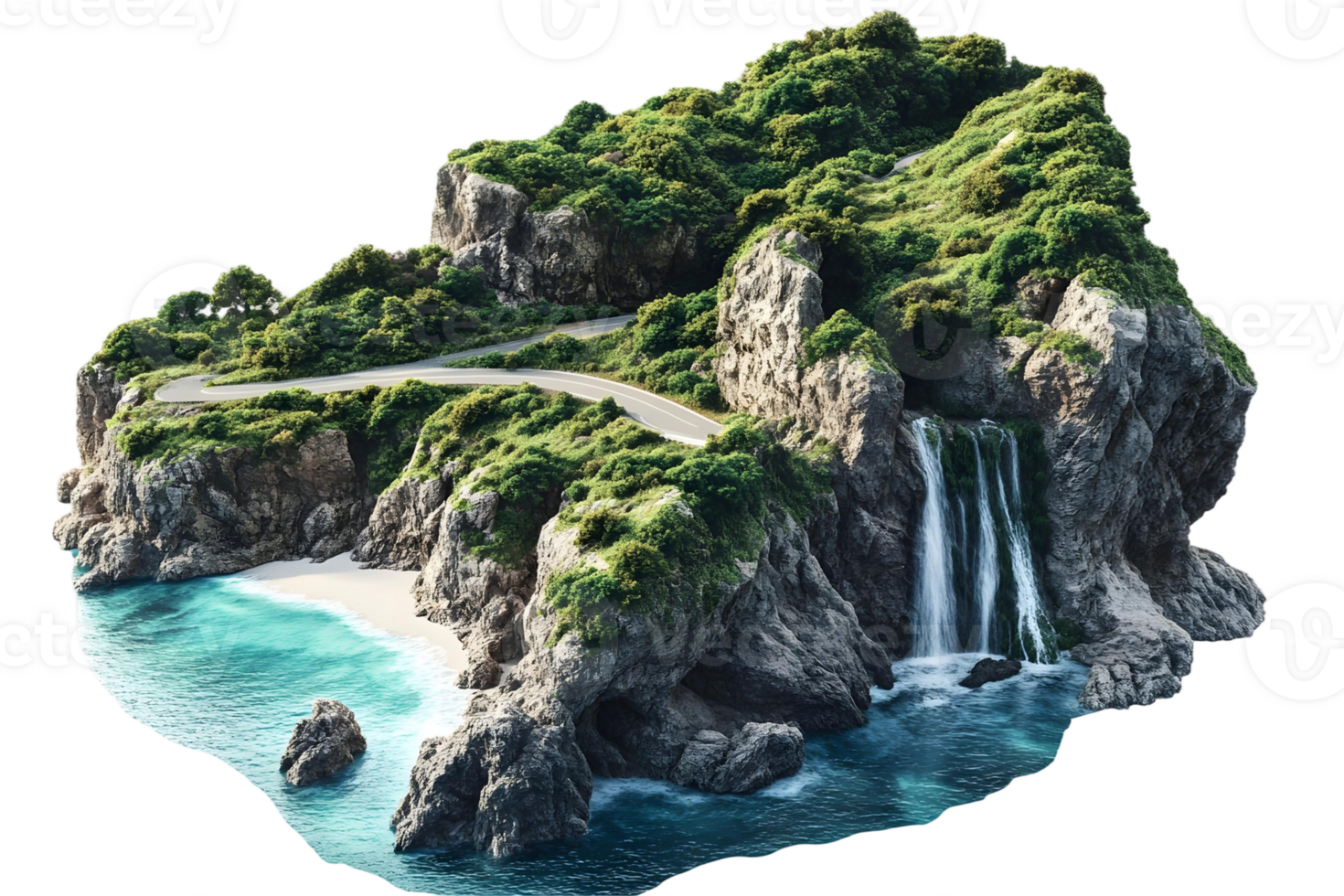 Stunning Aerial View of Secluded Island Paradise with Waterfall and Coastal Road png