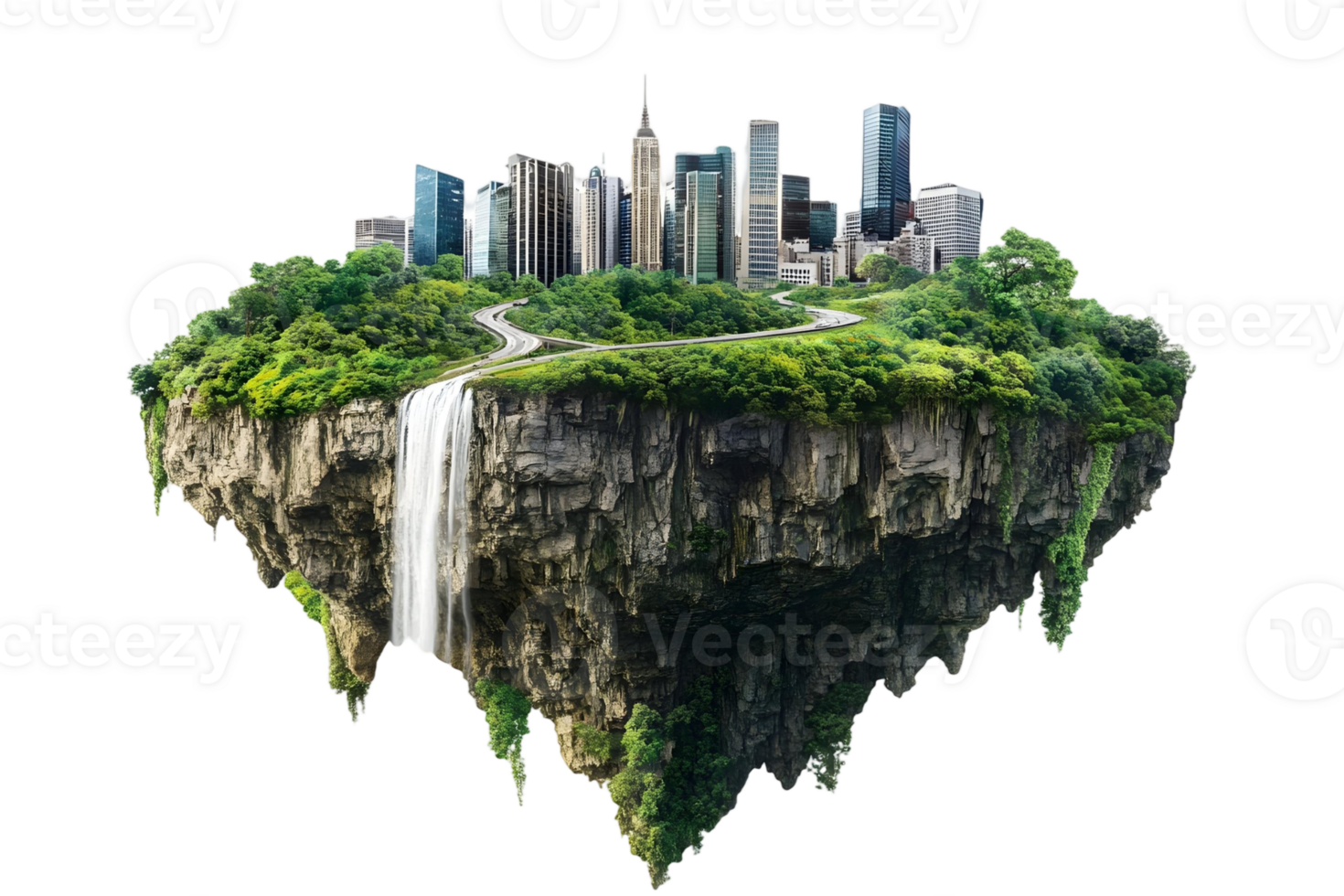 Floating City Island with Lush Greenery and Waterfall png