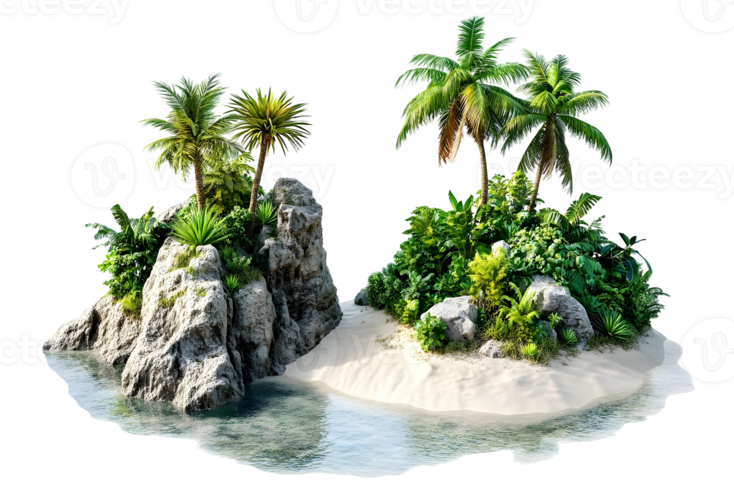 Lush Tropical Island Paradise with Palm Trees and Rocky Shores in a Calm Ocean png