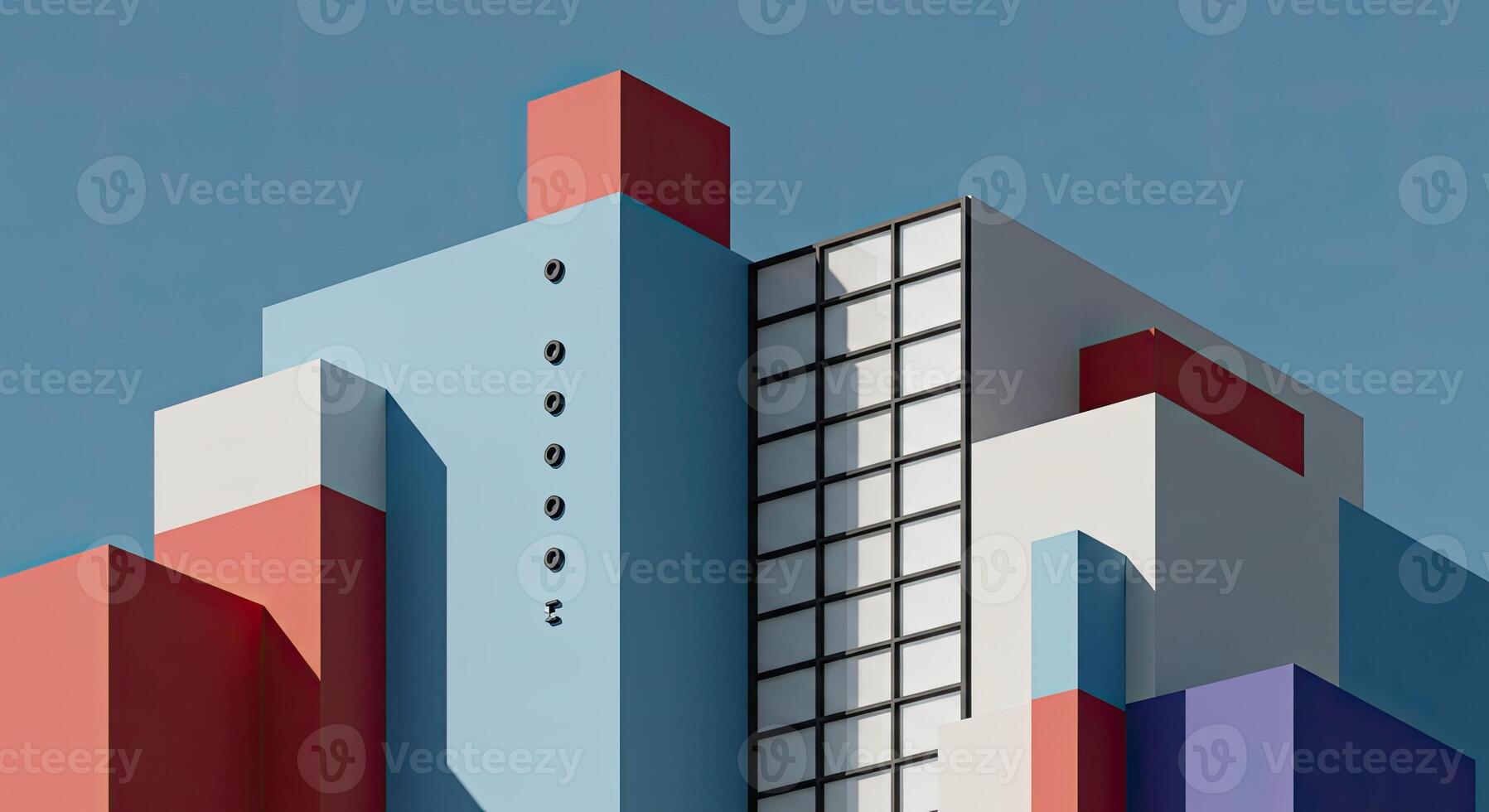 A colorful building with a red, blue and white facade photo