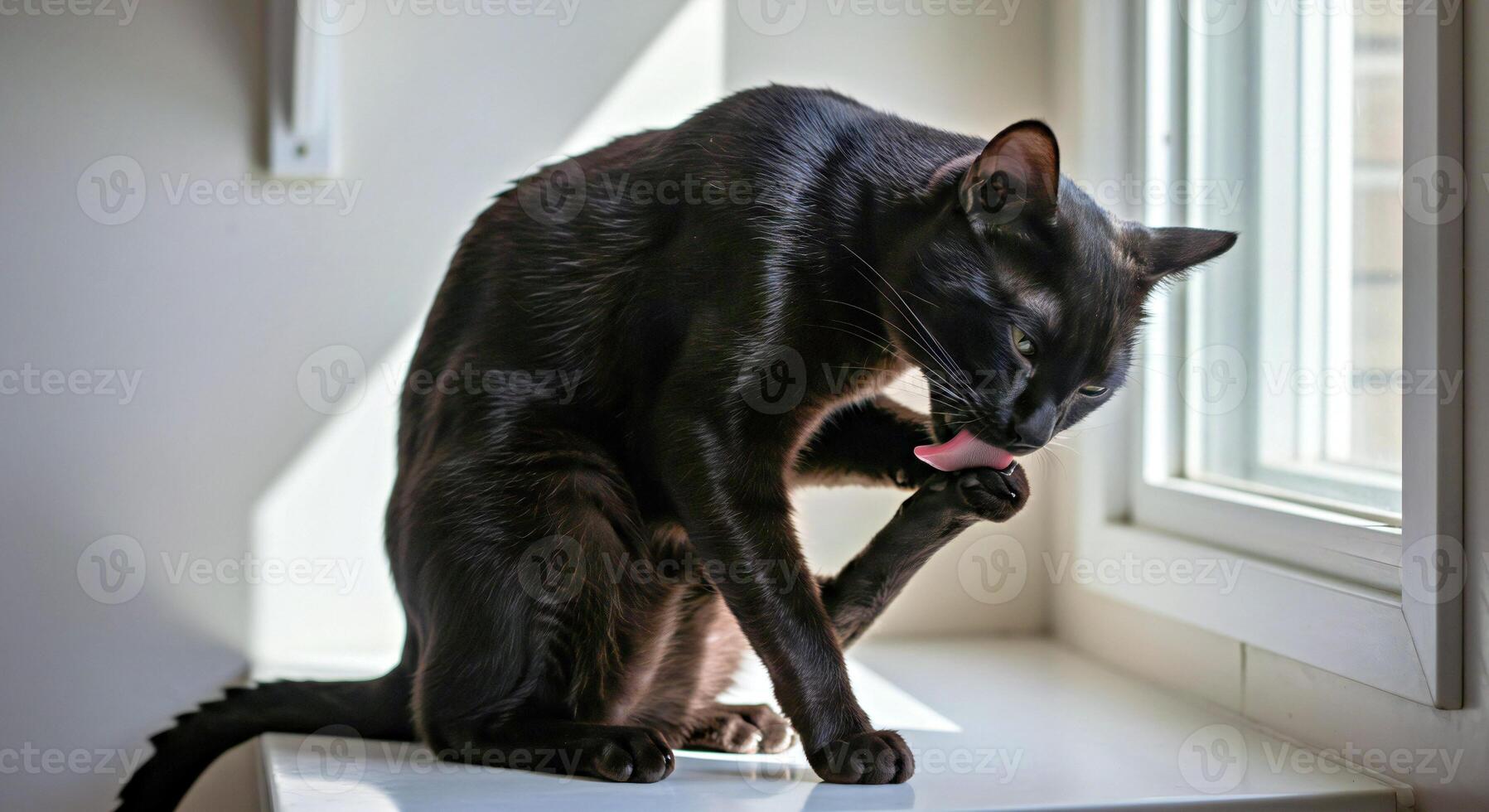 A black cat is sitting on a window sill photo