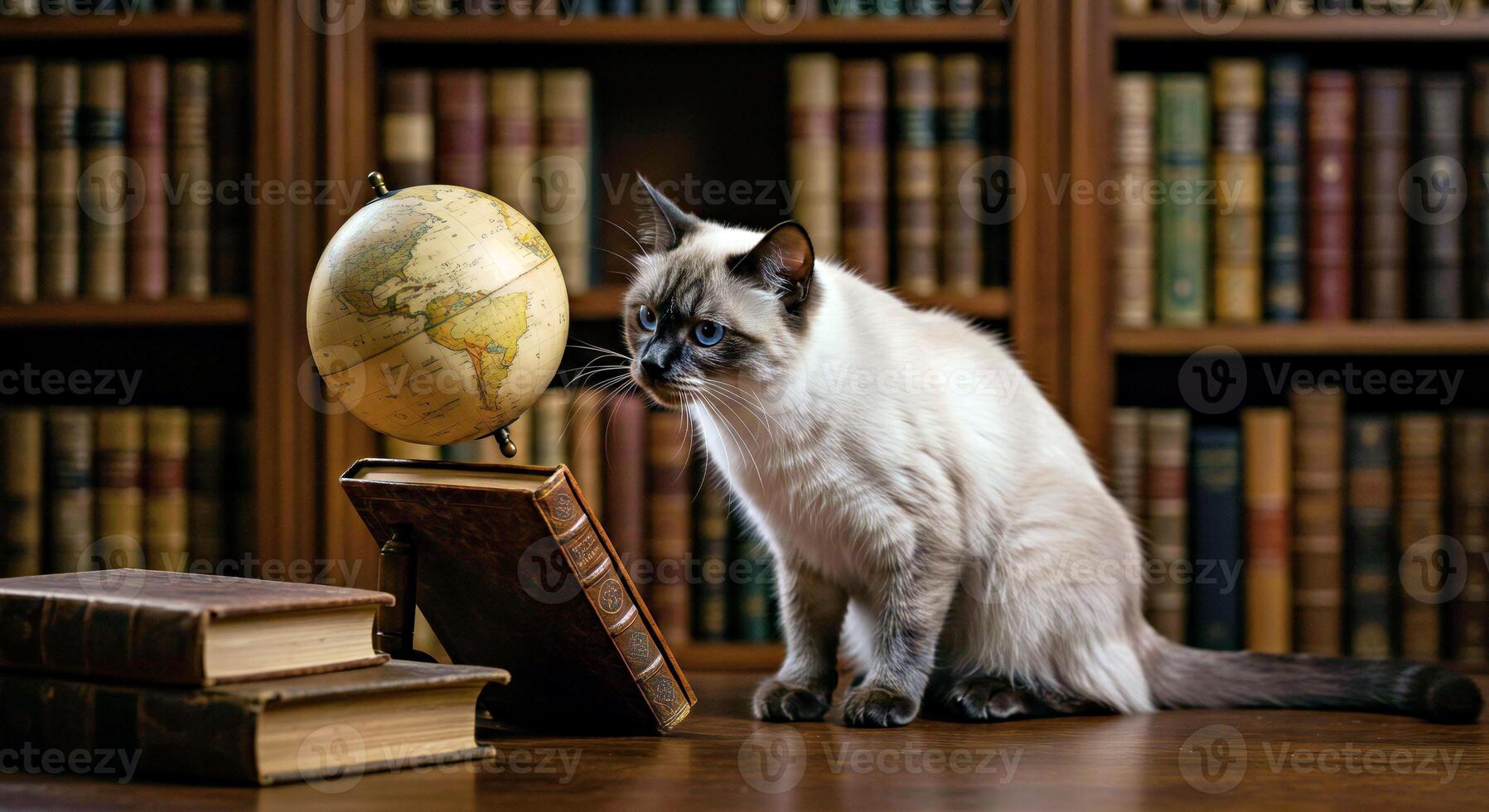 A siamese cat sitting on a table next to a globe photo