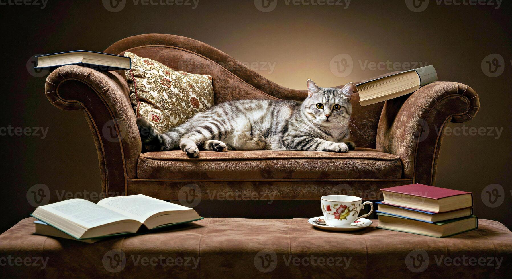 A cat laying on a chair with books and a cup photo
