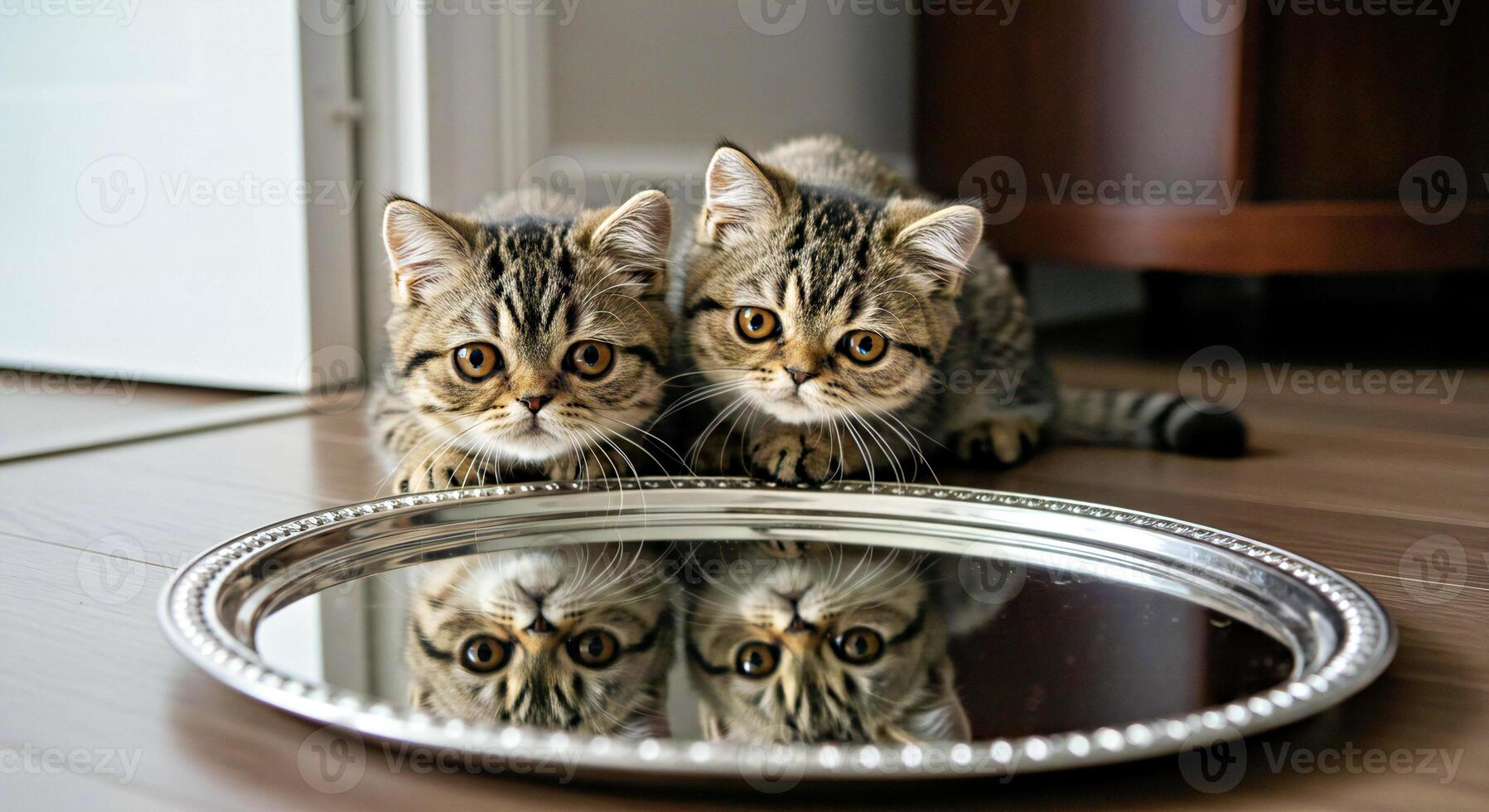 Two kittens look into a mirror photo