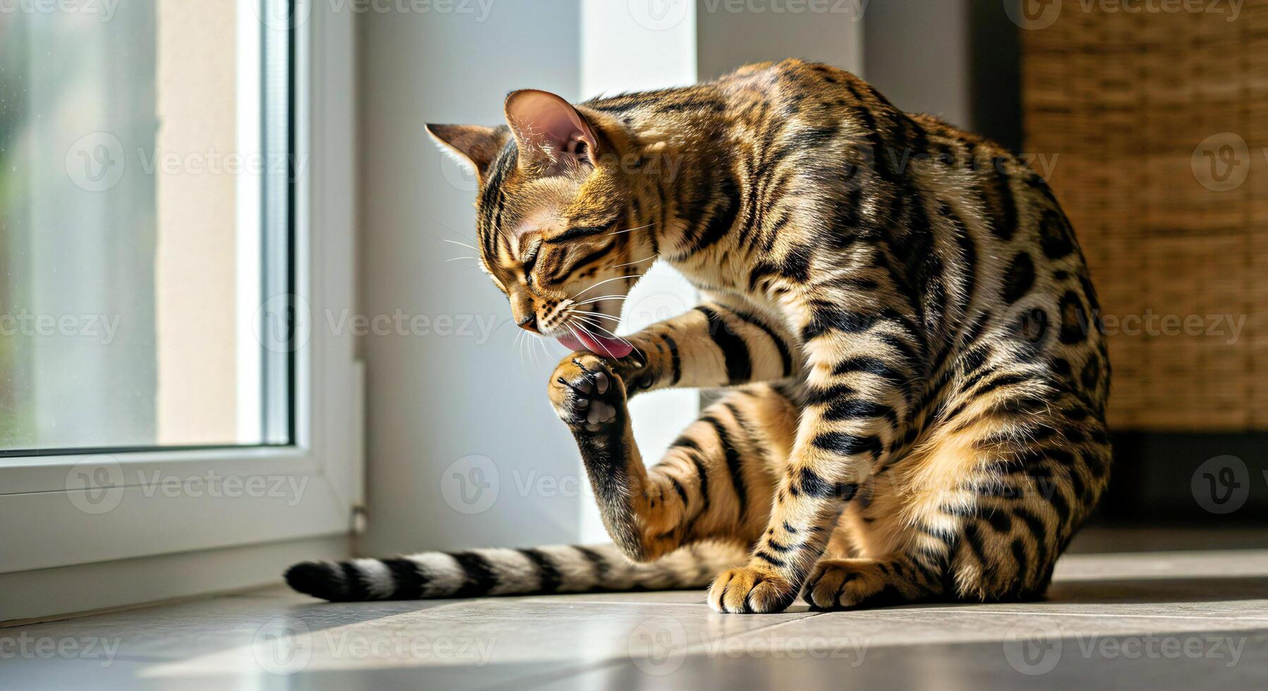 A cat sitting on the floor with its tail in the air photo